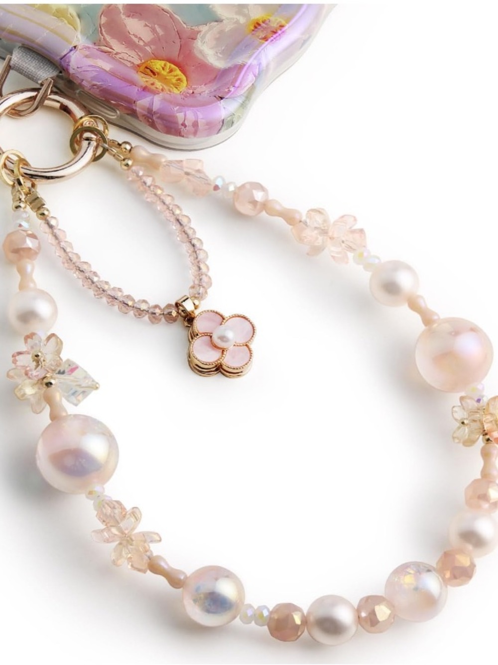 Pink Blossom Phone Strap with Charms